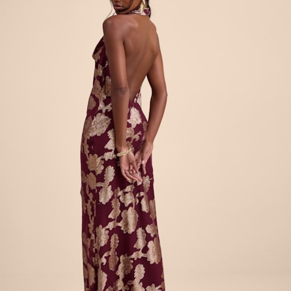 Lulus Zafira Burgundy And Gold Burnout Cowl Halter Maxi Dress Red - Size M